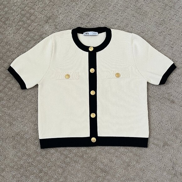 Zara Sweaters - Zara Cream Knit Short Sleeve Cardigan Black Trim Gold Buttons Old Money Medium